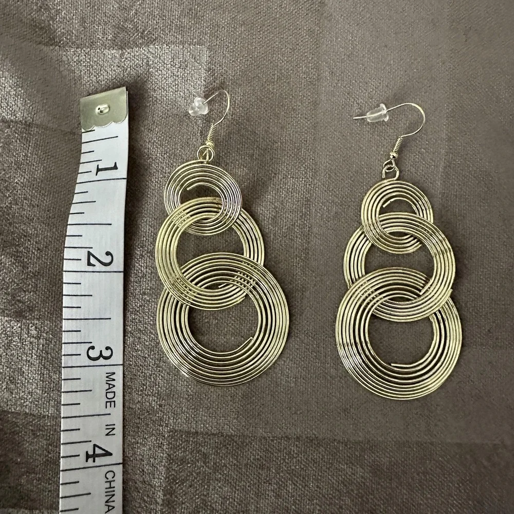 Gold Tone Triple Circle Dangle‎ Earrings Womens 3 Inch Geometric Statement Boho